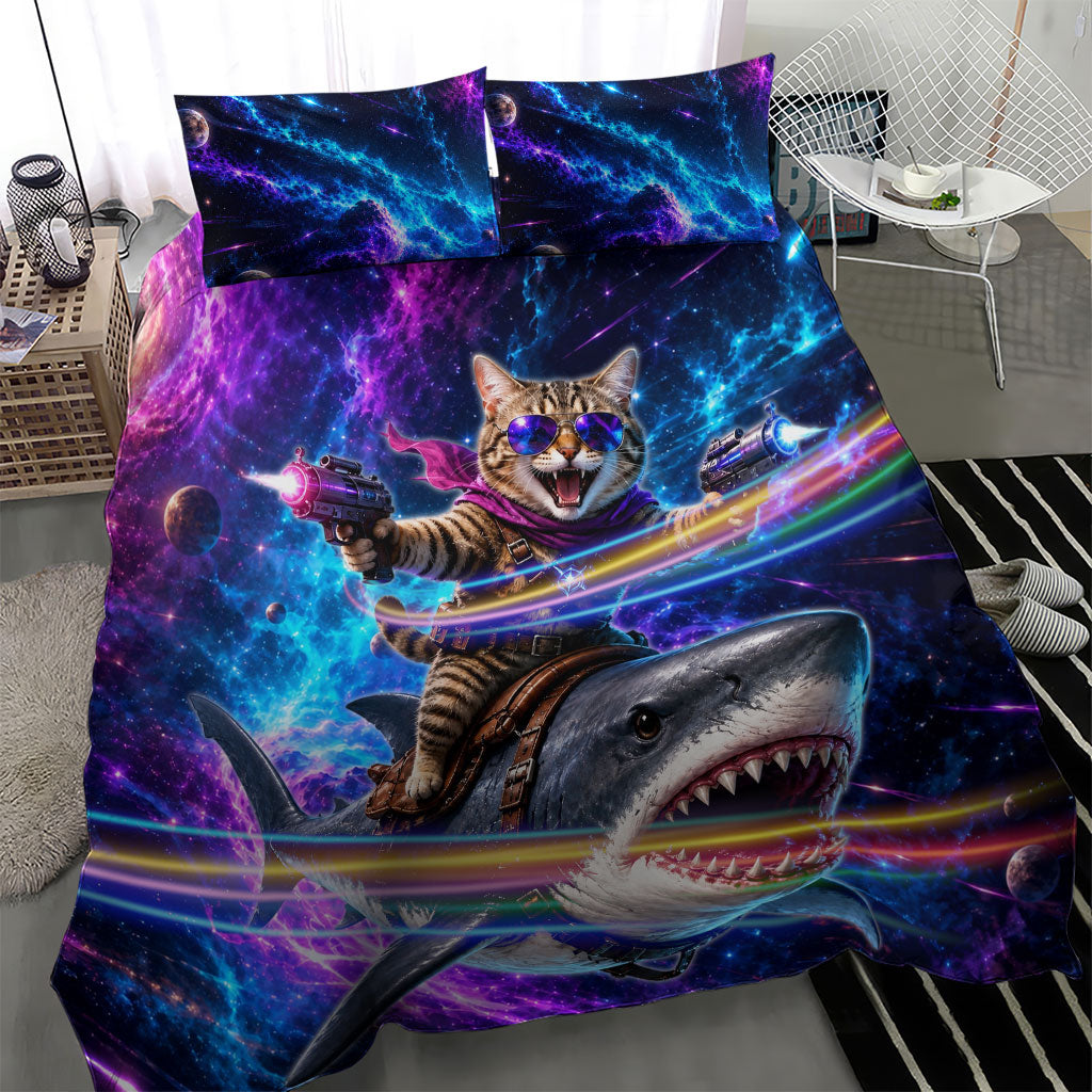 Cat Riding Shark In Space Bedding Set Funny Cosmic Laser Cat And Shark Surreal Sci-Fi
