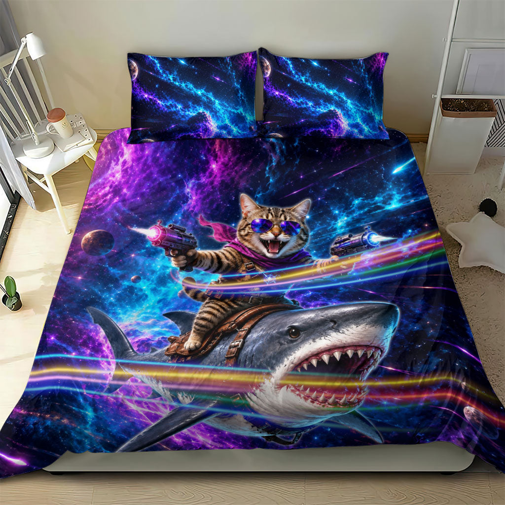 Cat Riding Shark In Space Bedding Set Funny Cosmic Laser Cat And Shark Surreal Sci-Fi