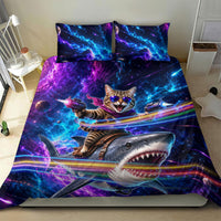 Cat Riding Shark In Space Bedding Set Funny Cosmic Laser Cat And Shark Surreal Sci-Fi