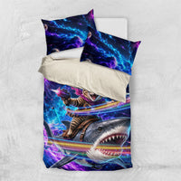 Cat Riding Shark In Space Bedding Set Funny Cosmic Laser Cat And Shark Surreal Sci-Fi