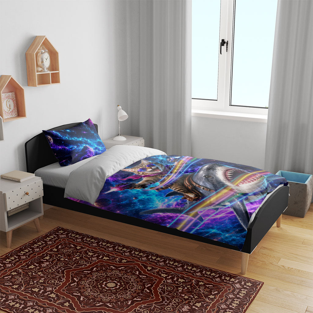 Cat Riding Shark In Space Bedding Set Funny Cosmic Laser Cat And Shark Surreal Sci-Fi