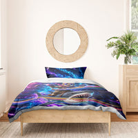 Cat Riding Shark In Space Bedding Set Funny Cosmic Laser Cat And Shark Surreal Sci-Fi