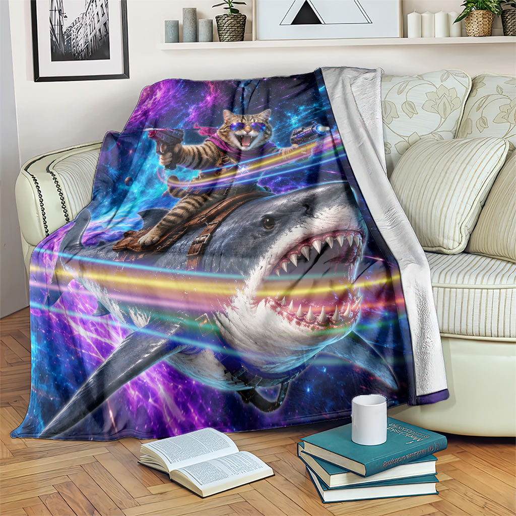 Cat Riding Shark In Space Blanket Funny Cosmic Laser Cat And Shark Surreal Sci-Fi