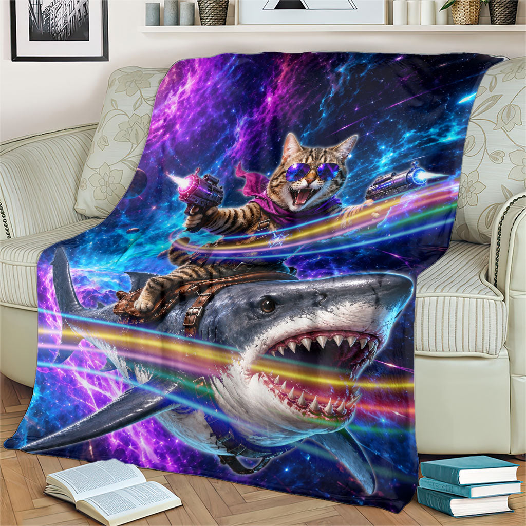 Cat Riding Shark In Space Blanket Funny Cosmic Laser Cat And Shark Surreal Sci-Fi