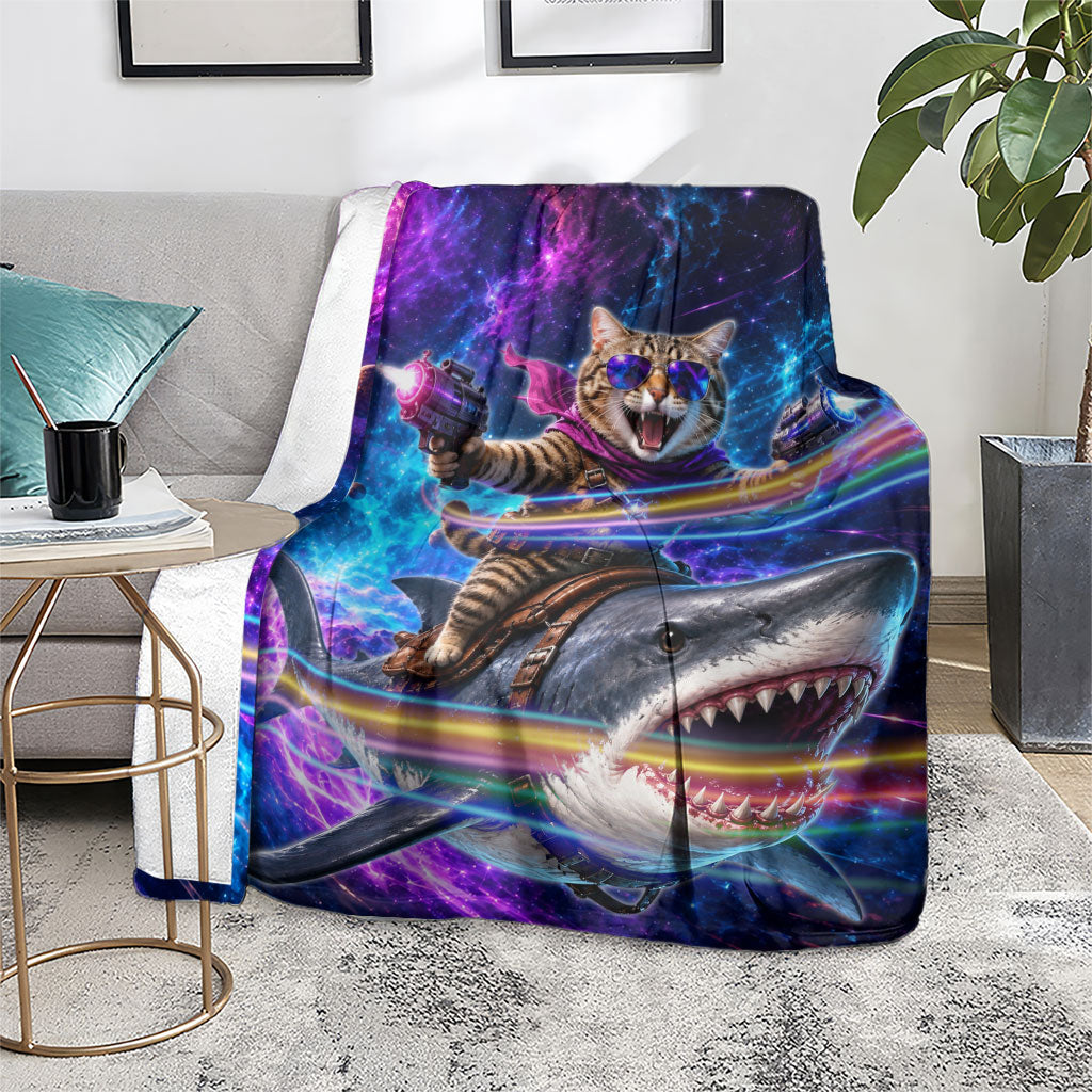 Cat Riding Shark In Space Blanket Funny Cosmic Laser Cat And Shark Surreal Sci-Fi
