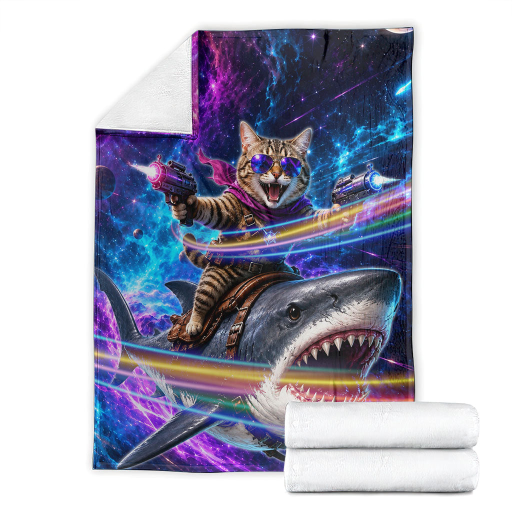 Cat Riding Shark In Space Blanket Funny Cosmic Laser Cat And Shark Surreal Sci-Fi