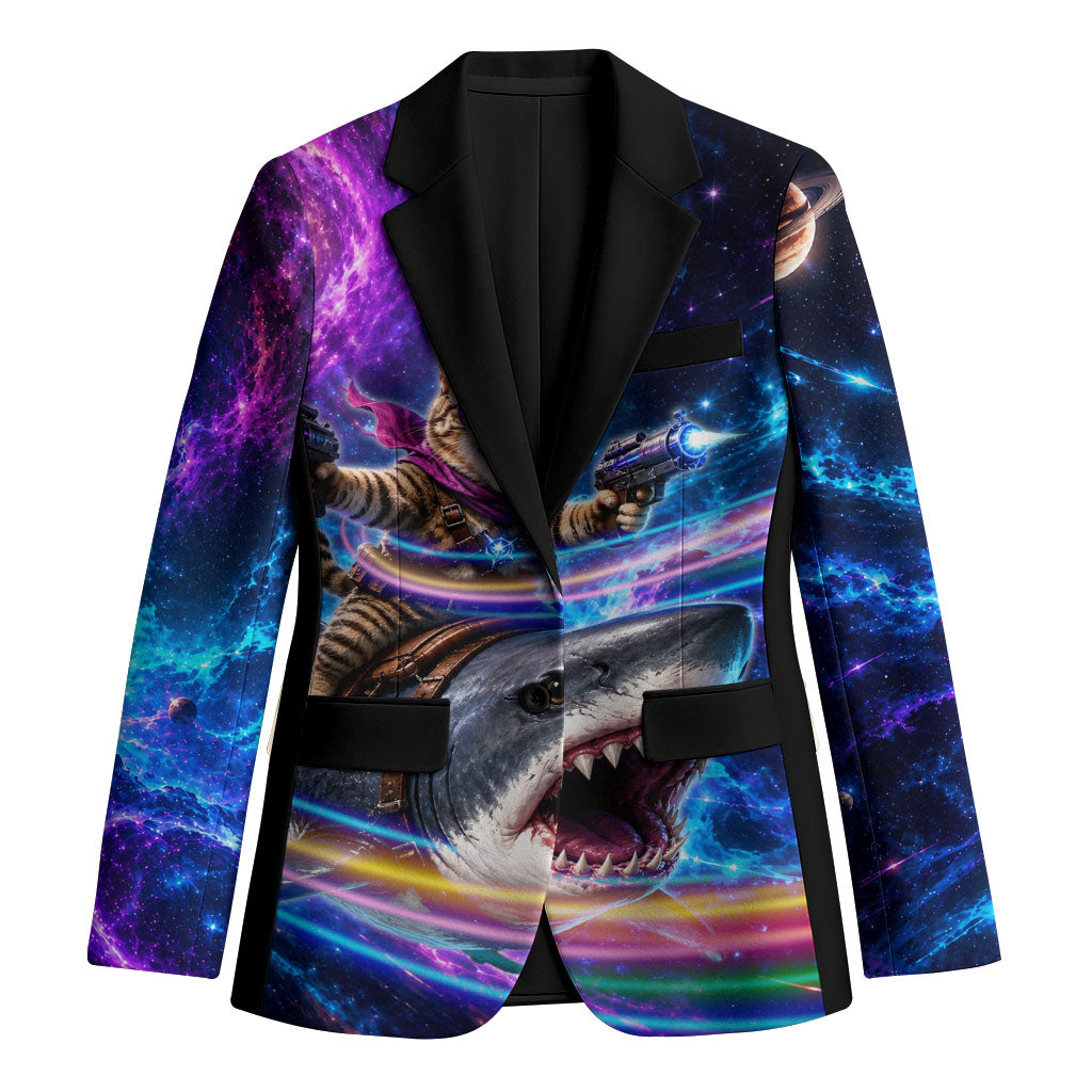 Cat Riding Shark In Space Blazer Funny Cosmic Laser Cat And Shark Surreal Sci-Fi