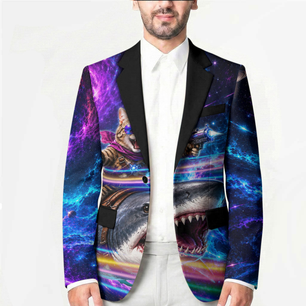 Cat Riding Shark In Space Blazer Funny Cosmic Laser Cat And Shark Surreal Sci-Fi