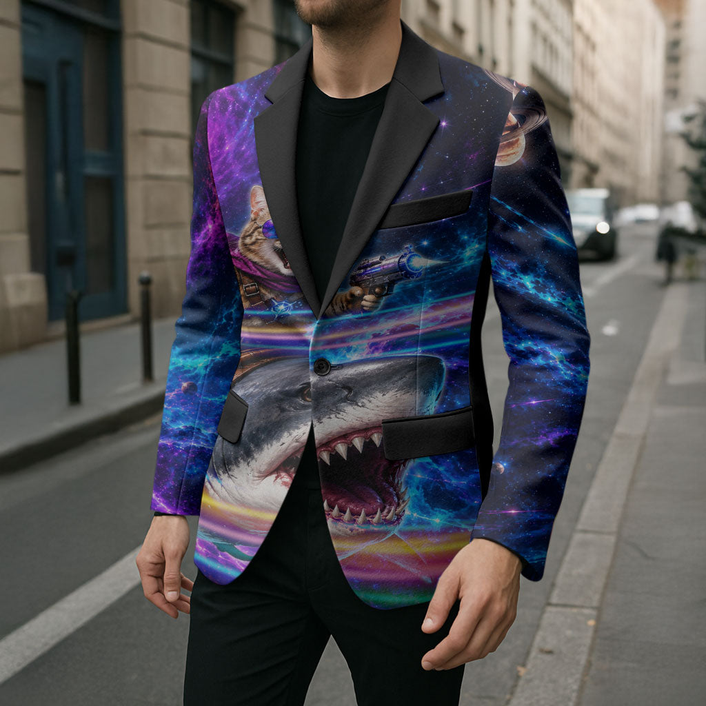 Cat Riding Shark In Space Blazer Funny Cosmic Laser Cat And Shark Surreal Sci-Fi