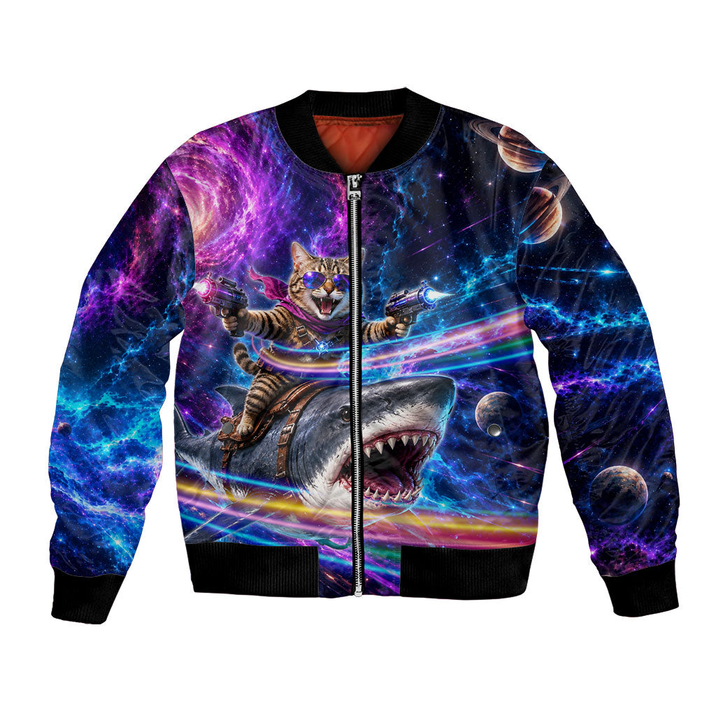Cat Riding Shark In Space Bomber Jacket Funny Cosmic Laser Cat And Shark Surreal Sci-Fi
