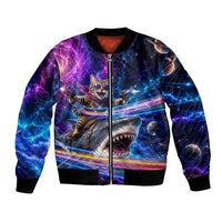 Cat Riding Shark In Space Bomber Jacket Funny Cosmic Laser Cat And Shark Surreal Sci-Fi