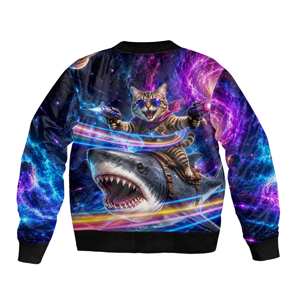 Cat Riding Shark In Space Bomber Jacket Funny Cosmic Laser Cat And Shark Surreal Sci-Fi