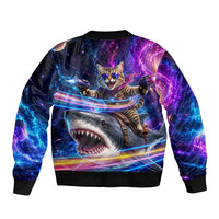 Cat Riding Shark In Space Bomber Jacket Funny Cosmic Laser Cat And Shark Surreal Sci-Fi
