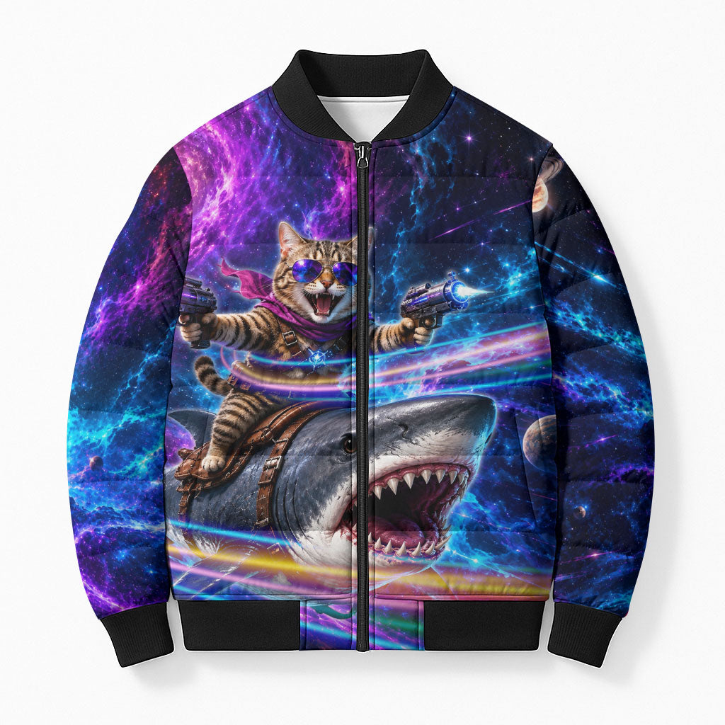 Cat Riding Shark In Space Bomber Puffer Jacket Funny Cosmic Laser Cat And Shark Surreal Sci-Fi