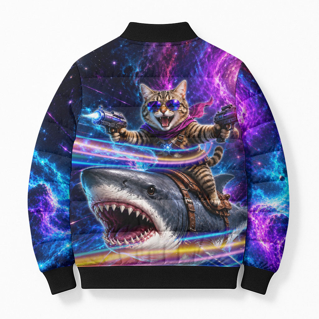Cat Riding Shark In Space Bomber Puffer Jacket Funny Cosmic Laser Cat And Shark Surreal Sci-Fi