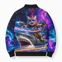 Cat Riding Shark In Space Bomber Puffer Jacket Funny Cosmic Laser Cat And Shark Surreal Sci-Fi