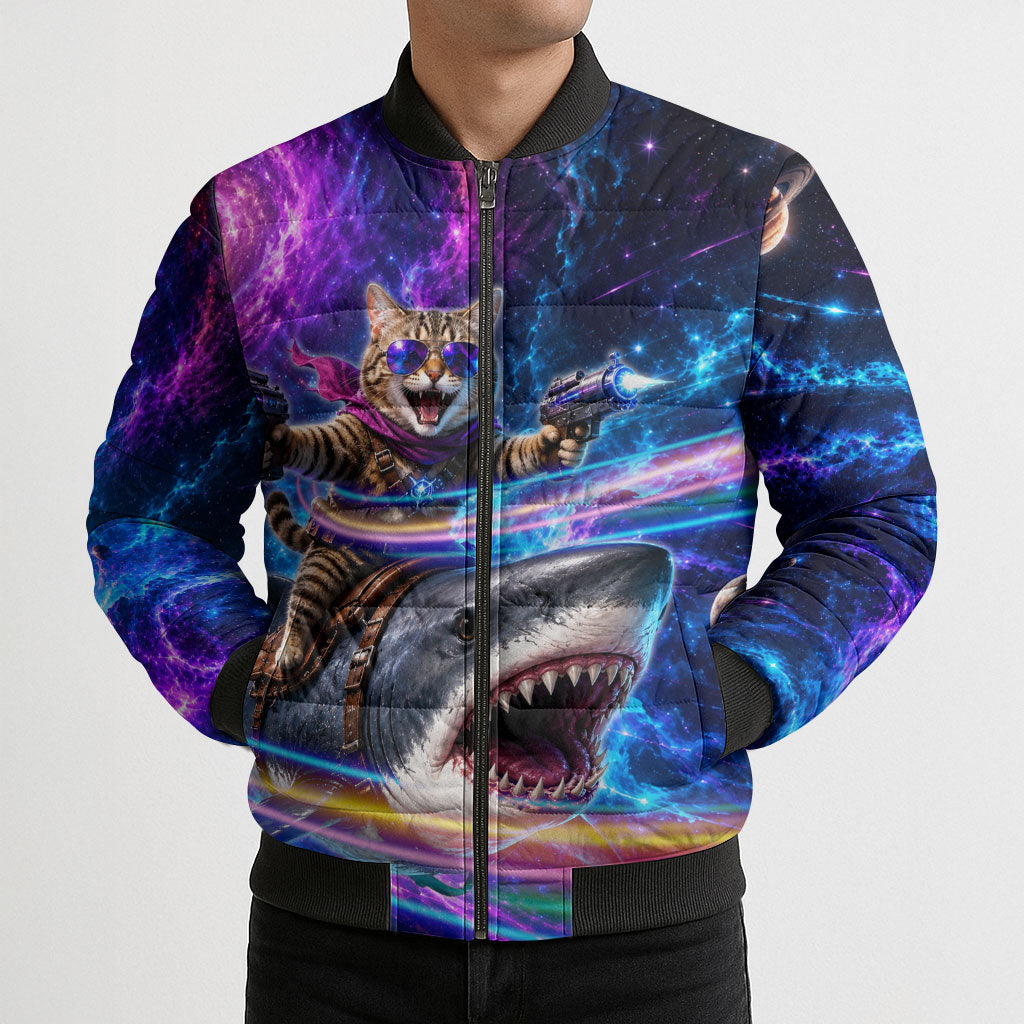 Cat Riding Shark In Space Bomber Puffer Jacket Funny Cosmic Laser Cat And Shark Surreal Sci-Fi