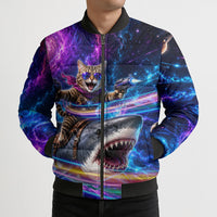Cat Riding Shark In Space Bomber Puffer Jacket Funny Cosmic Laser Cat And Shark Surreal Sci-Fi