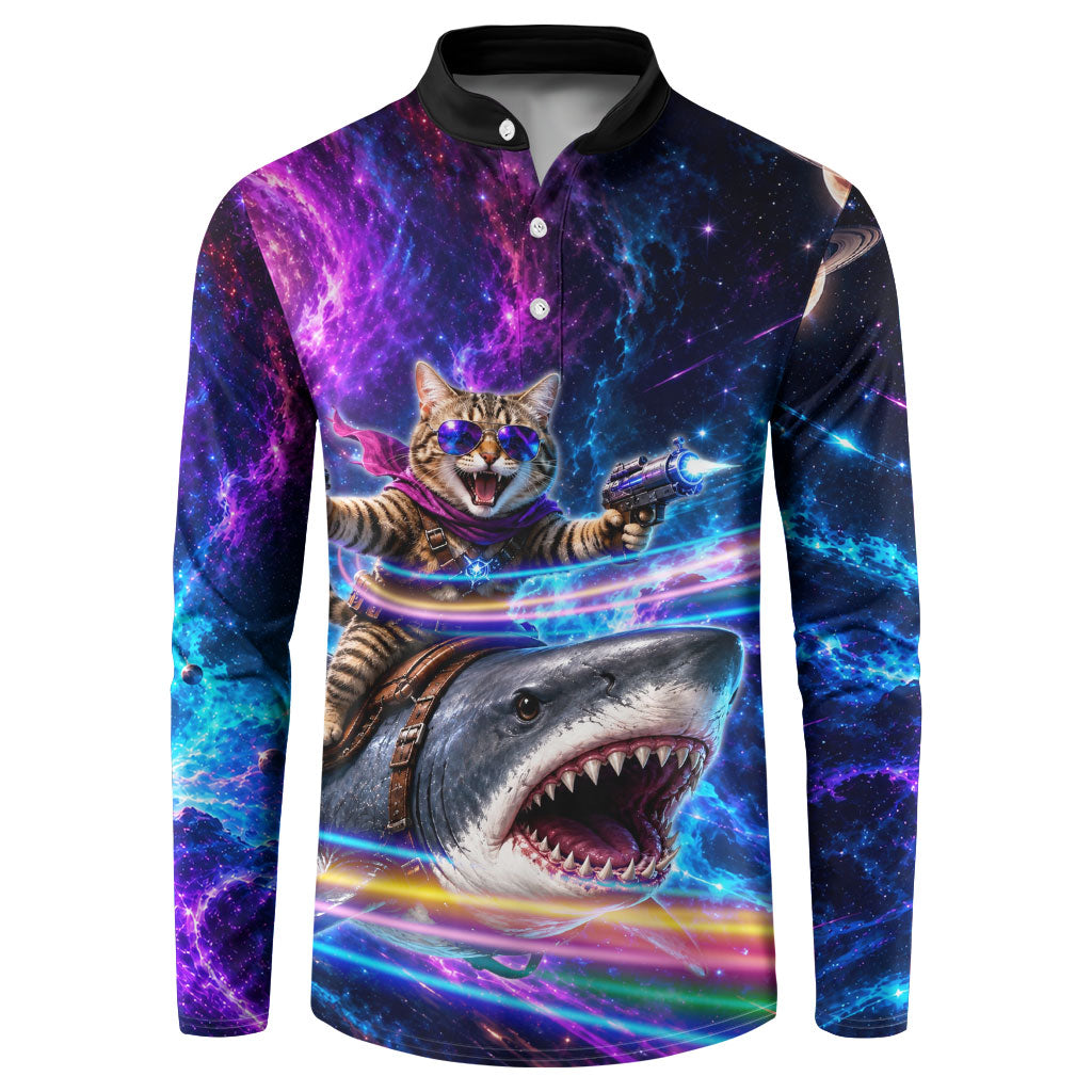Cat Riding Shark In Space Button Sweatshirt Funny Cosmic Laser Cat And Shark Surreal Sci-Fi