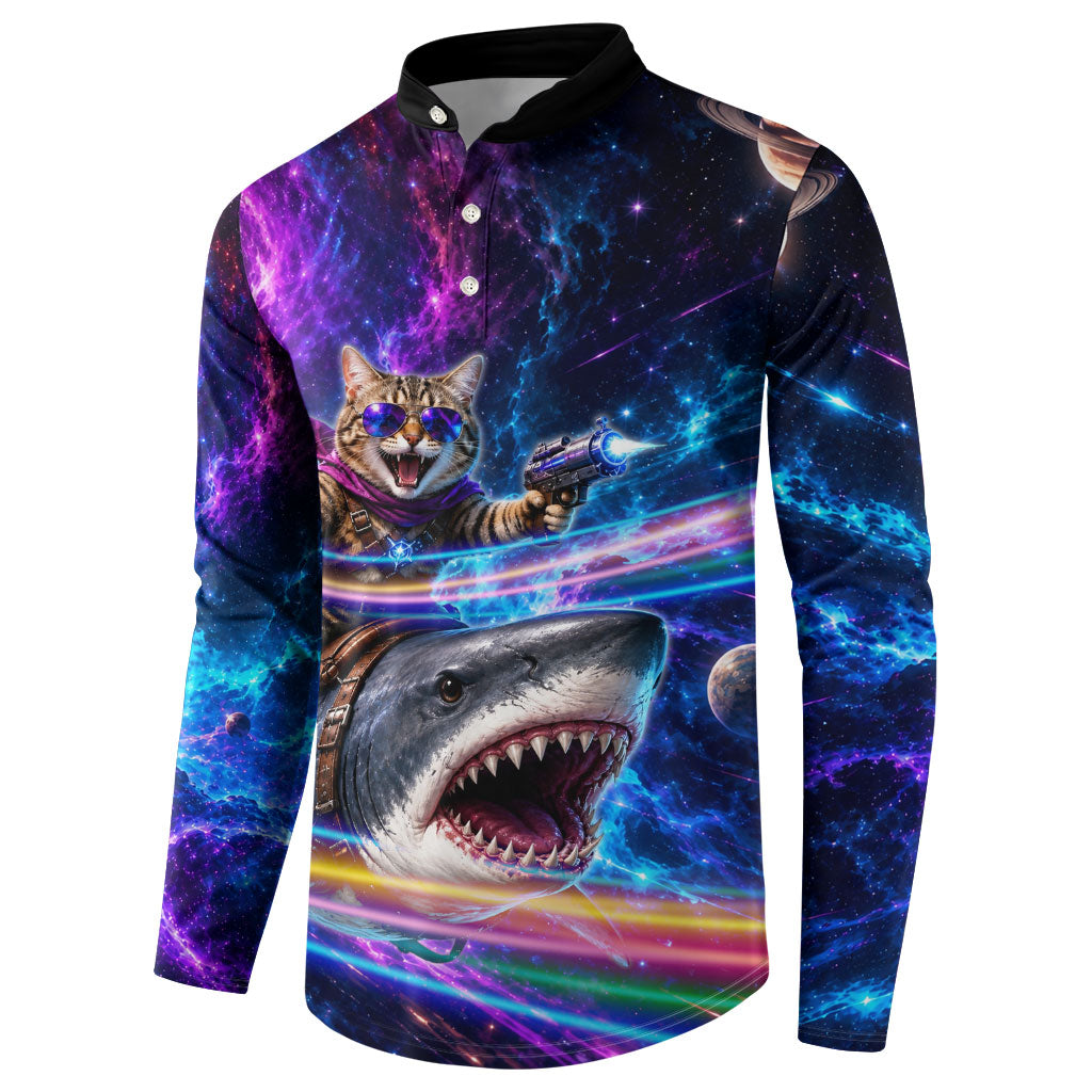 Cat Riding Shark In Space Button Sweatshirt Funny Cosmic Laser Cat And Shark Surreal Sci-Fi