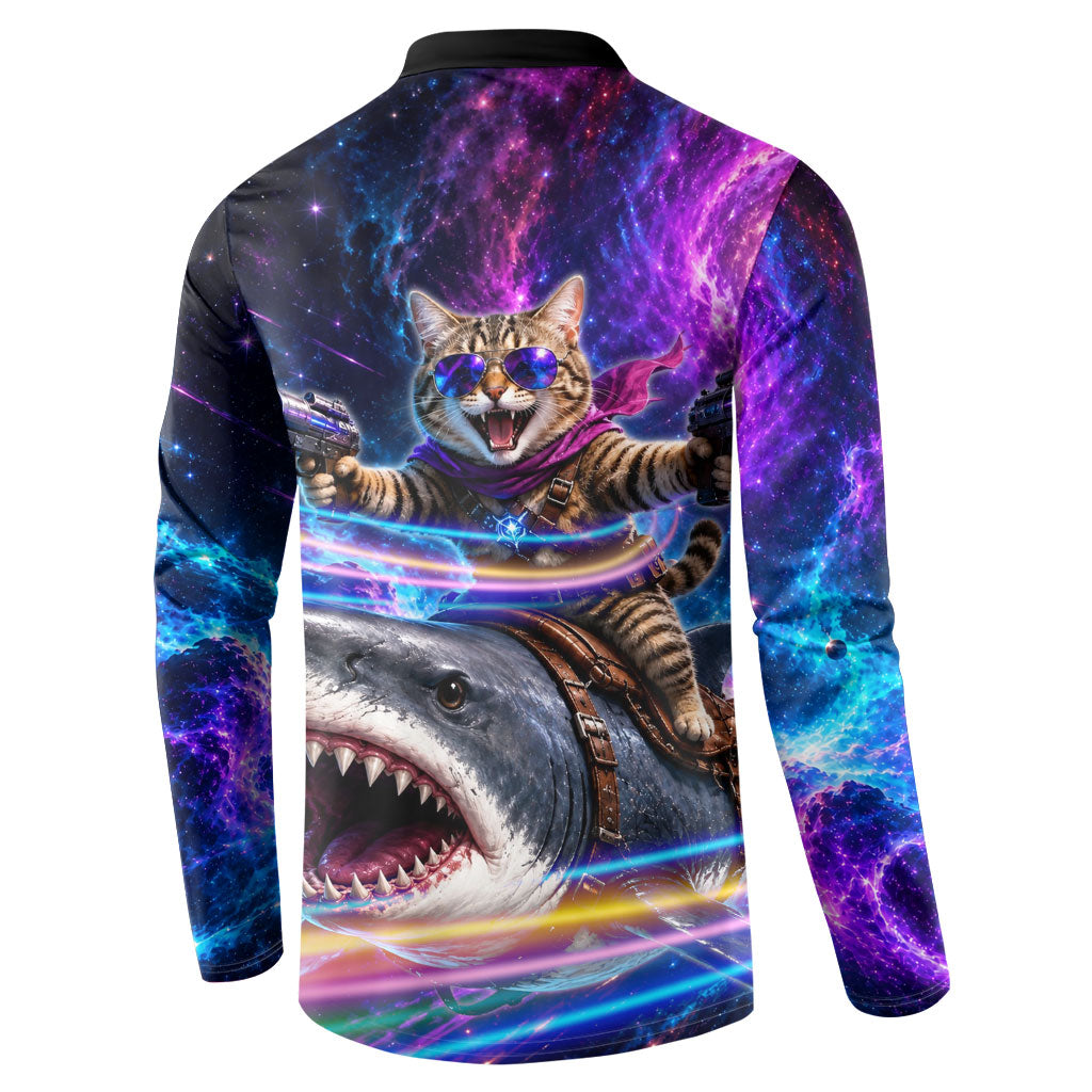 Cat Riding Shark In Space Button Sweatshirt Funny Cosmic Laser Cat And Shark Surreal Sci-Fi