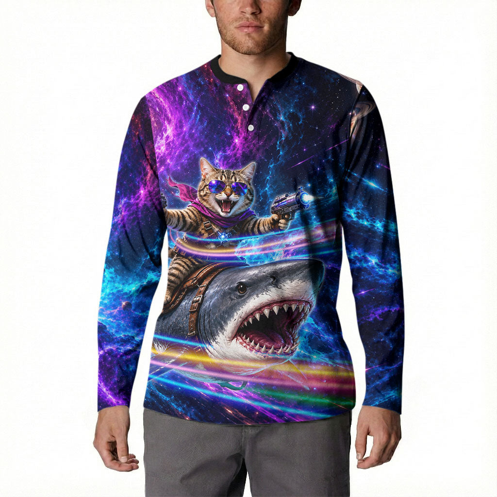 Cat Riding Shark In Space Button Sweatshirt Funny Cosmic Laser Cat And Shark Surreal Sci-Fi