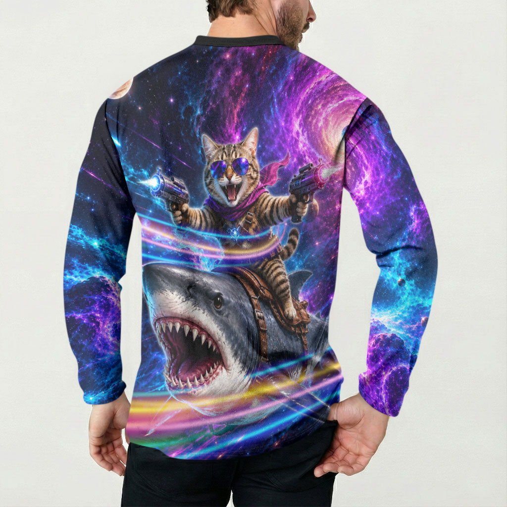 Cat Riding Shark In Space Button Sweatshirt Funny Cosmic Laser Cat And Shark Surreal Sci-Fi