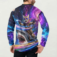 Cat Riding Shark In Space Button Sweatshirt Funny Cosmic Laser Cat And Shark Surreal Sci-Fi