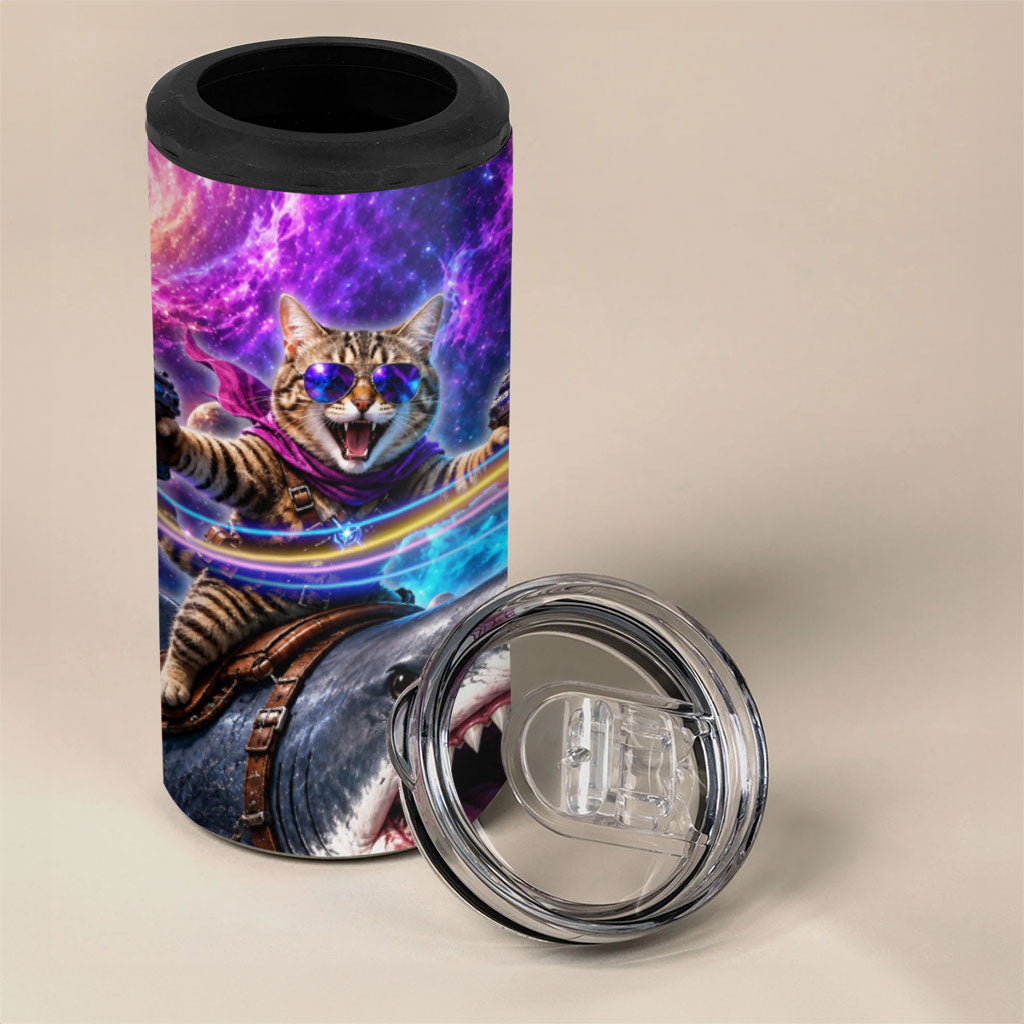 Cat Riding Shark In Space 4 in 1 Can Cooler Tumbler Funny Cosmic Laser Cat And Shark Surreal Sci-Fi