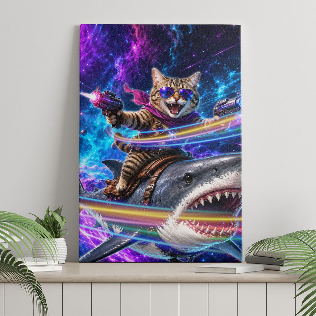 Cat Riding Shark In Space Canvas Wall Art Funny Cosmic Laser Cat And Shark Surreal Sci-Fi