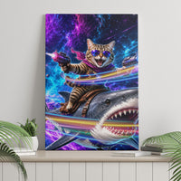 Cat Riding Shark In Space Canvas Wall Art Funny Cosmic Laser Cat And Shark Surreal Sci-Fi