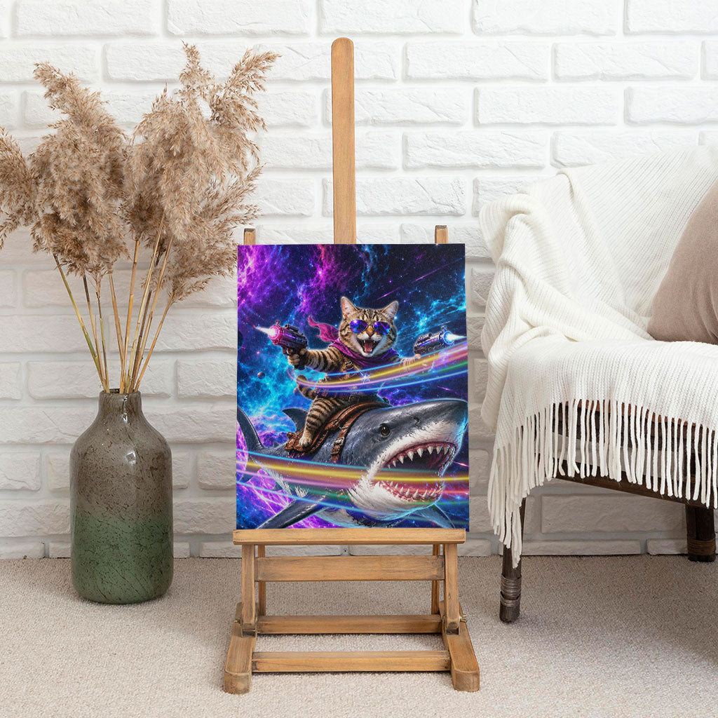 Cat Riding Shark In Space Canvas Wall Art Funny Cosmic Laser Cat And Shark Surreal Sci-Fi