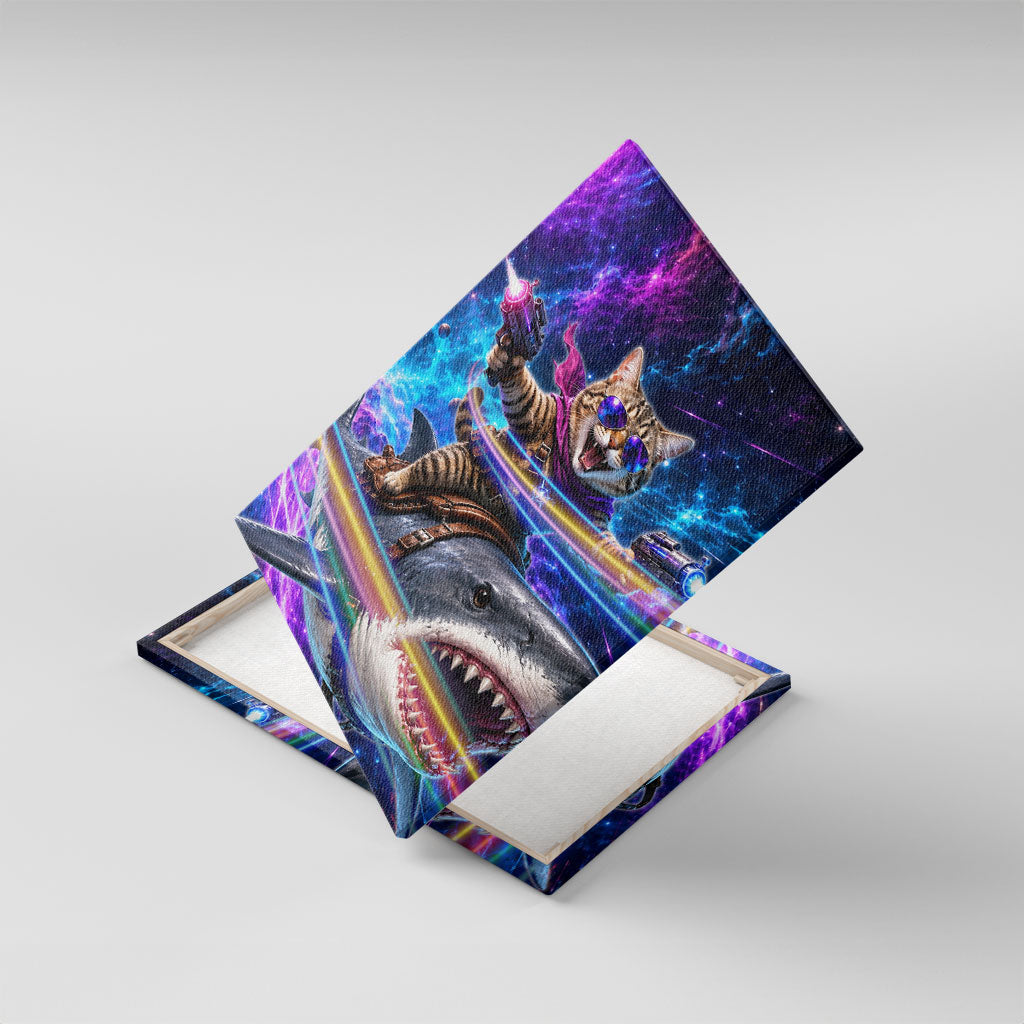 Cat Riding Shark In Space Canvas Wall Art Funny Cosmic Laser Cat And Shark Surreal Sci-Fi