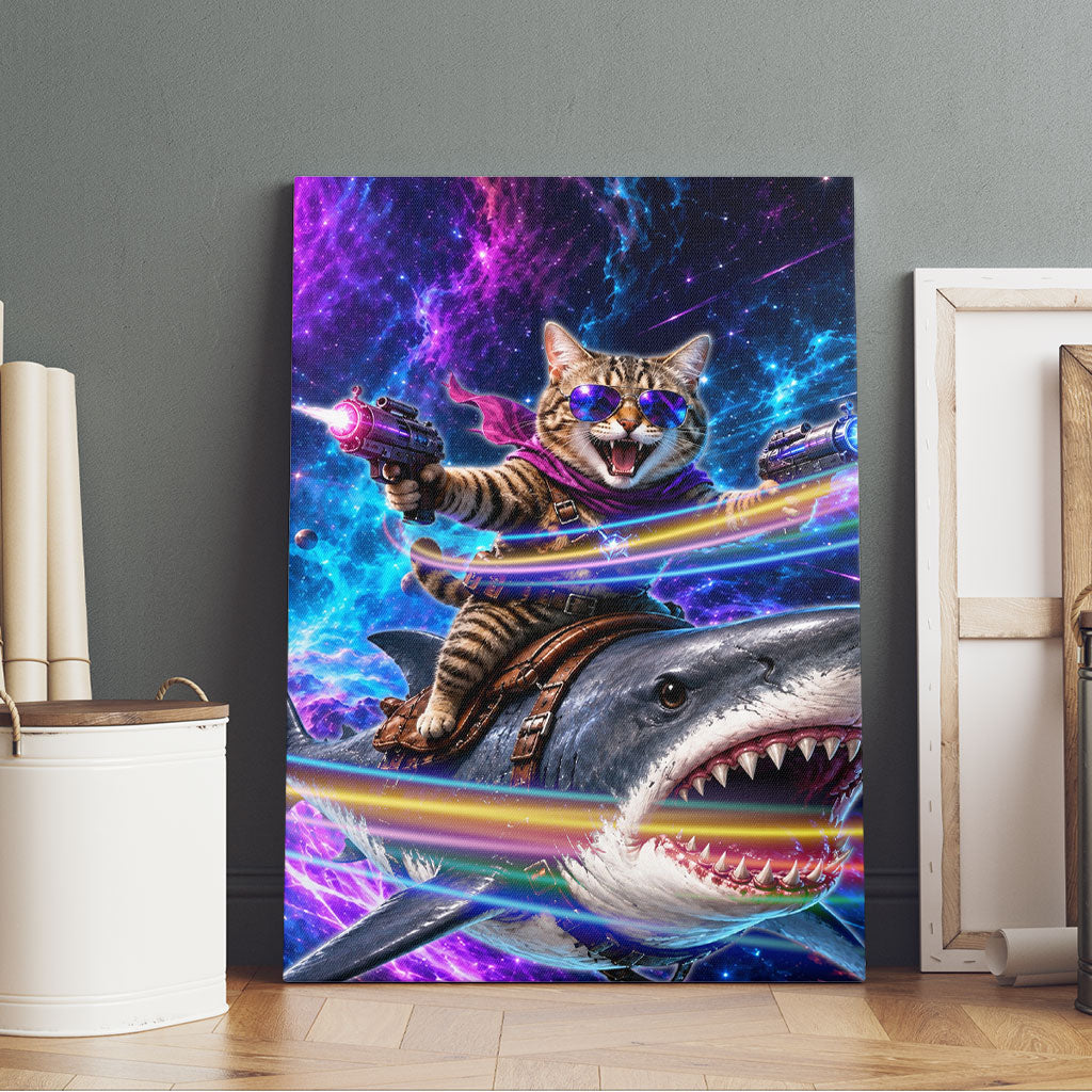 Cat Riding Shark In Space Canvas Wall Art Funny Cosmic Laser Cat And Shark Surreal Sci-Fi