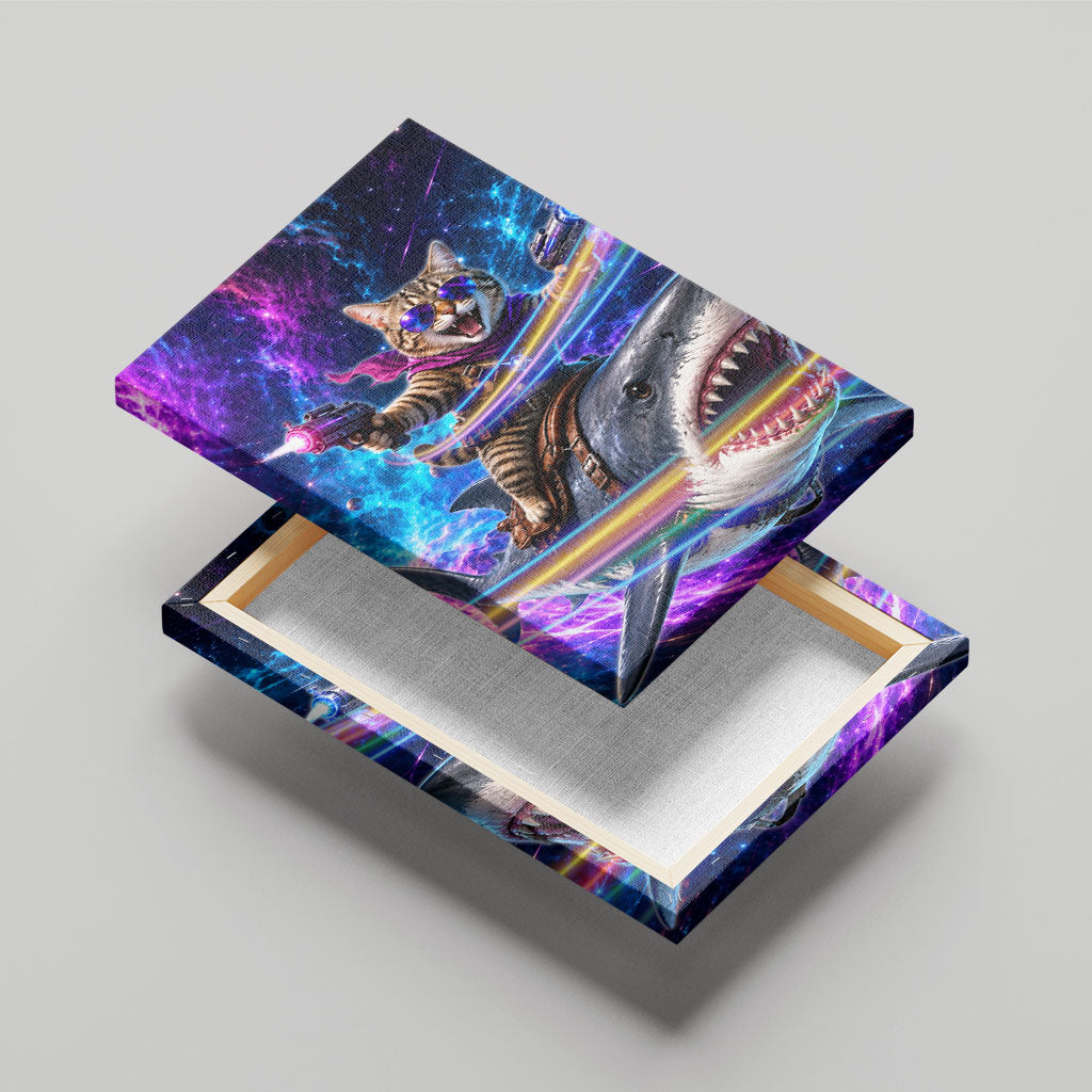 Cat Riding Shark In Space Canvas Wall Art Funny Cosmic Laser Cat And Shark Surreal Sci-Fi