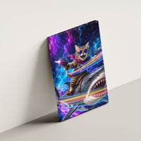 Cat Riding Shark In Space Canvas Wall Art Funny Cosmic Laser Cat And Shark Surreal Sci-Fi