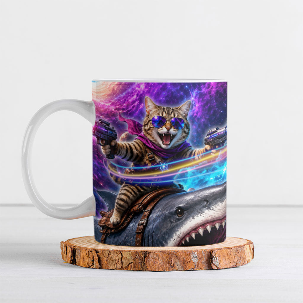 Cat Riding Shark In Space Ceramic Mug Funny Cosmic Laser Cat And Shark Surreal Sci-Fi