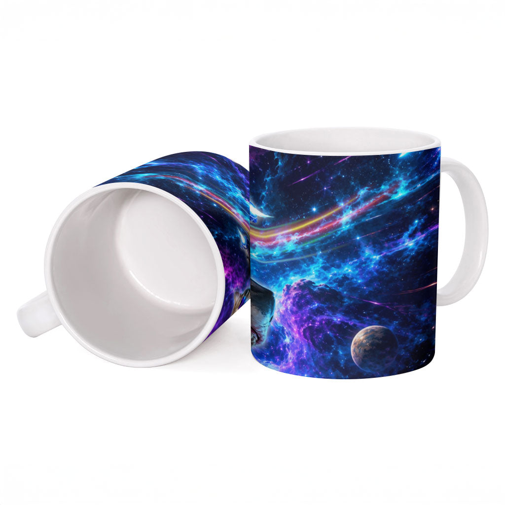 Cat Riding Shark In Space Ceramic Mug Funny Cosmic Laser Cat And Shark Surreal Sci-Fi