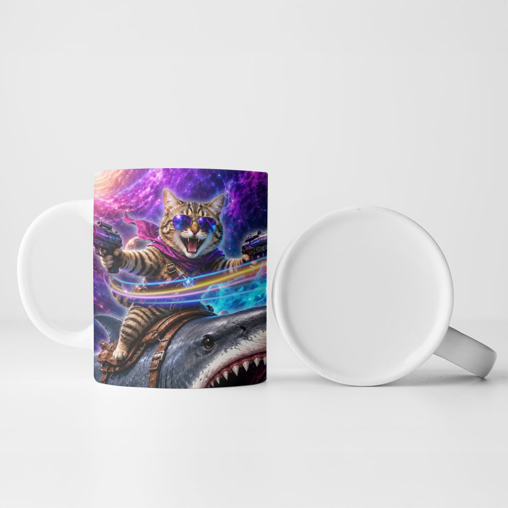 Cat Riding Shark In Space Ceramic Mug Funny Cosmic Laser Cat And Shark Surreal Sci-Fi