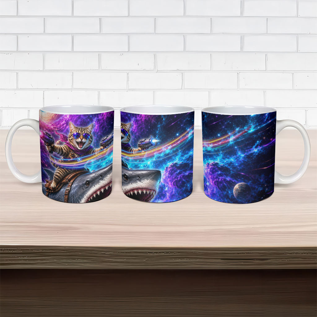 Cat Riding Shark In Space Ceramic Mug Funny Cosmic Laser Cat And Shark Surreal Sci-Fi