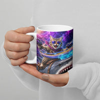 Cat Riding Shark In Space Ceramic Mug Funny Cosmic Laser Cat And Shark Surreal Sci-Fi