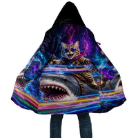 Cat Riding Shark In Space Cloak Funny Cosmic Laser Cat And Shark Surreal Sci-Fi