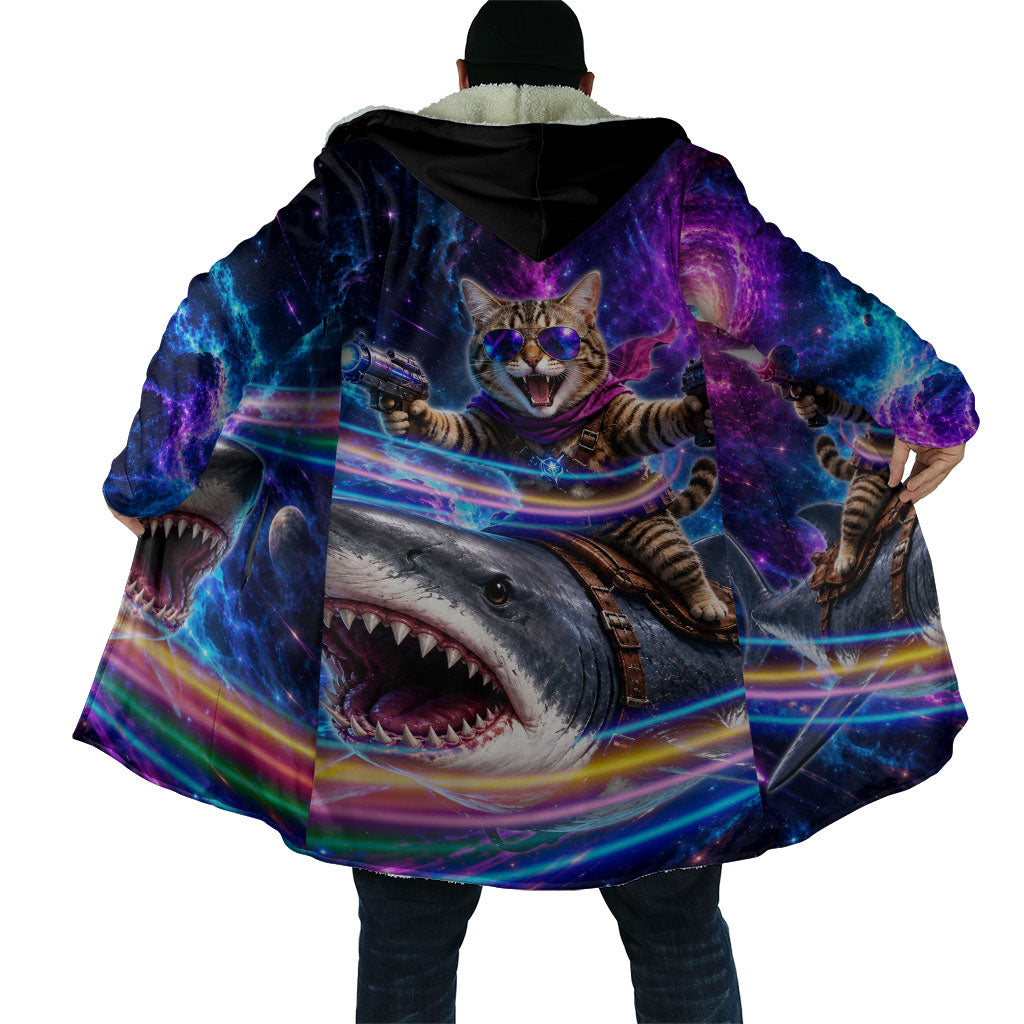 Cat Riding Shark In Space Cloak Funny Cosmic Laser Cat And Shark Surreal Sci-Fi