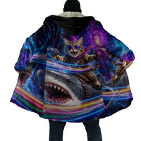 Cat Riding Shark In Space Cloak Funny Cosmic Laser Cat And Shark Surreal Sci-Fi