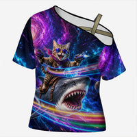 Cat Riding Shark In Space Cross Shoulder Shirt Funny Cosmic Laser Cat And Shark Surreal Sci-Fi
