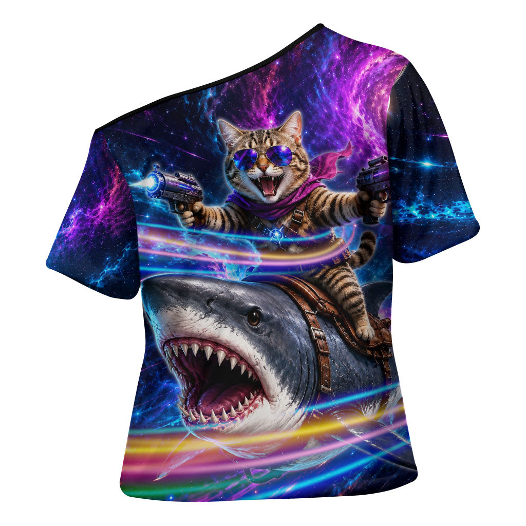Cat Riding Shark In Space Cross Shoulder Shirt Funny Cosmic Laser Cat And Shark Surreal Sci-Fi