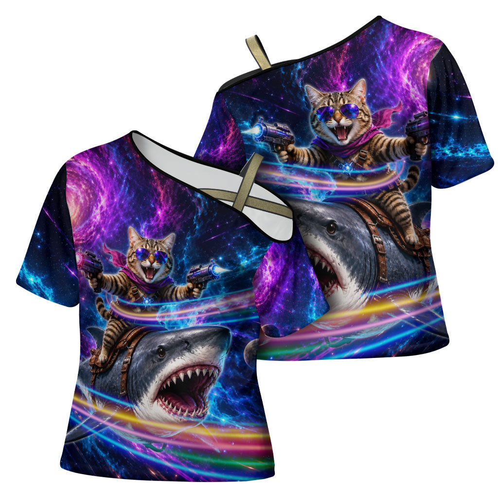 Cat Riding Shark In Space Cross Shoulder Shirt Funny Cosmic Laser Cat And Shark Surreal Sci-Fi