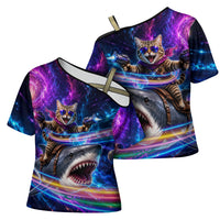 Cat Riding Shark In Space Cross Shoulder Shirt Funny Cosmic Laser Cat And Shark Surreal Sci-Fi
