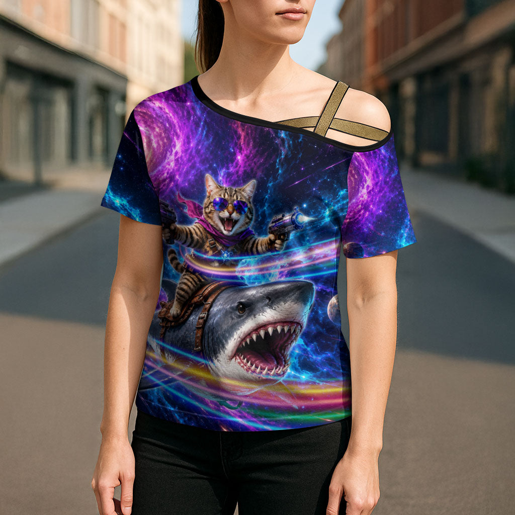 Cat Riding Shark In Space Cross Shoulder Shirt Funny Cosmic Laser Cat And Shark Surreal Sci-Fi