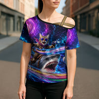 Cat Riding Shark In Space Cross Shoulder Shirt Funny Cosmic Laser Cat And Shark Surreal Sci-Fi
